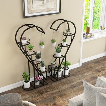 5-Tier Metal Heart-shaped Plant Stand with Hanging Hooks-Black