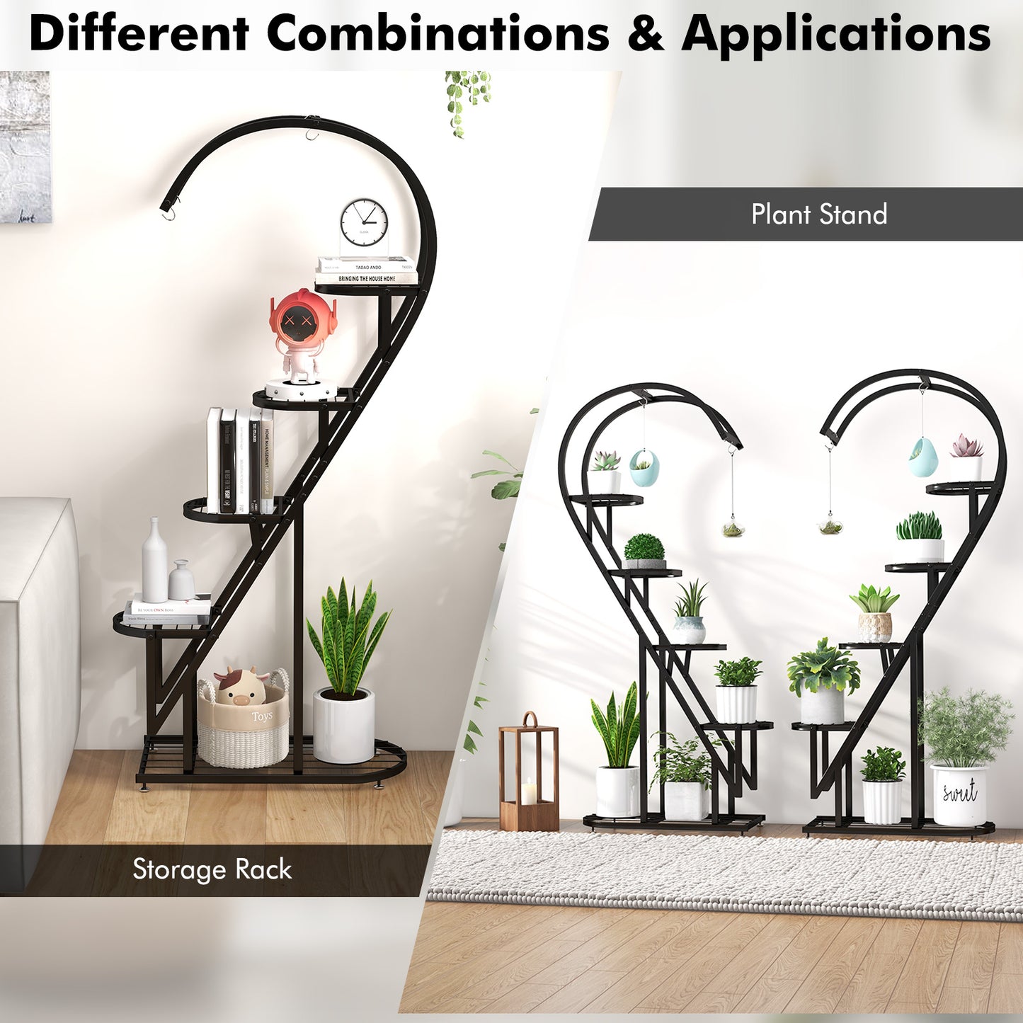 5-Tier Metal Heart-shaped Plant Stand with Hanging Hooks-Black