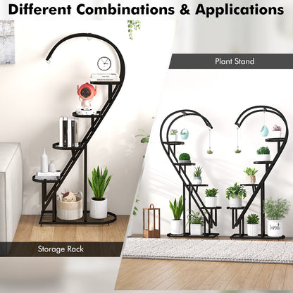 5-Tier Metal Heart-shaped Plant Stand with Hanging Hooks-Black