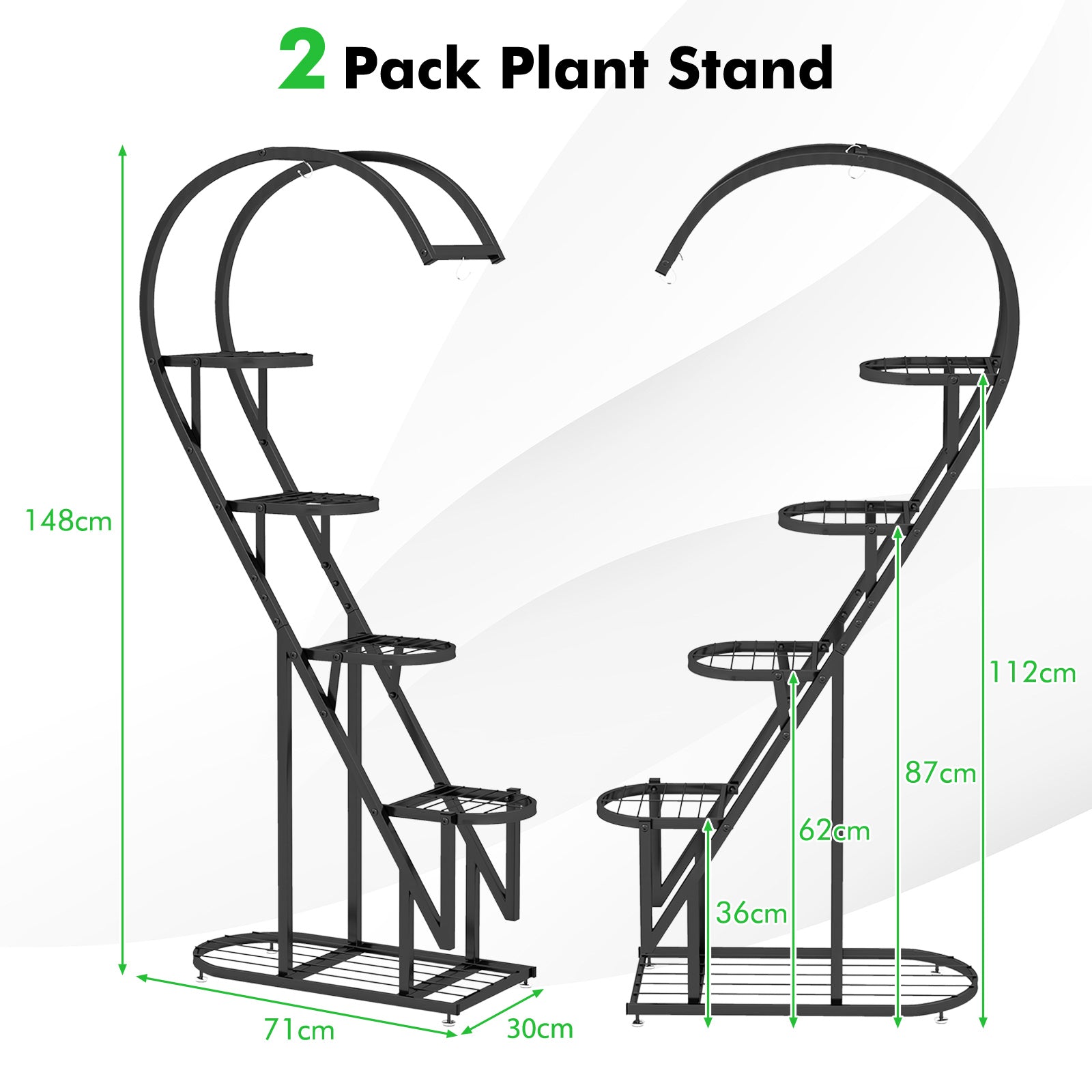 5-Tier Metal Heart-shaped Plant Stand with Hanging Hooks-Black