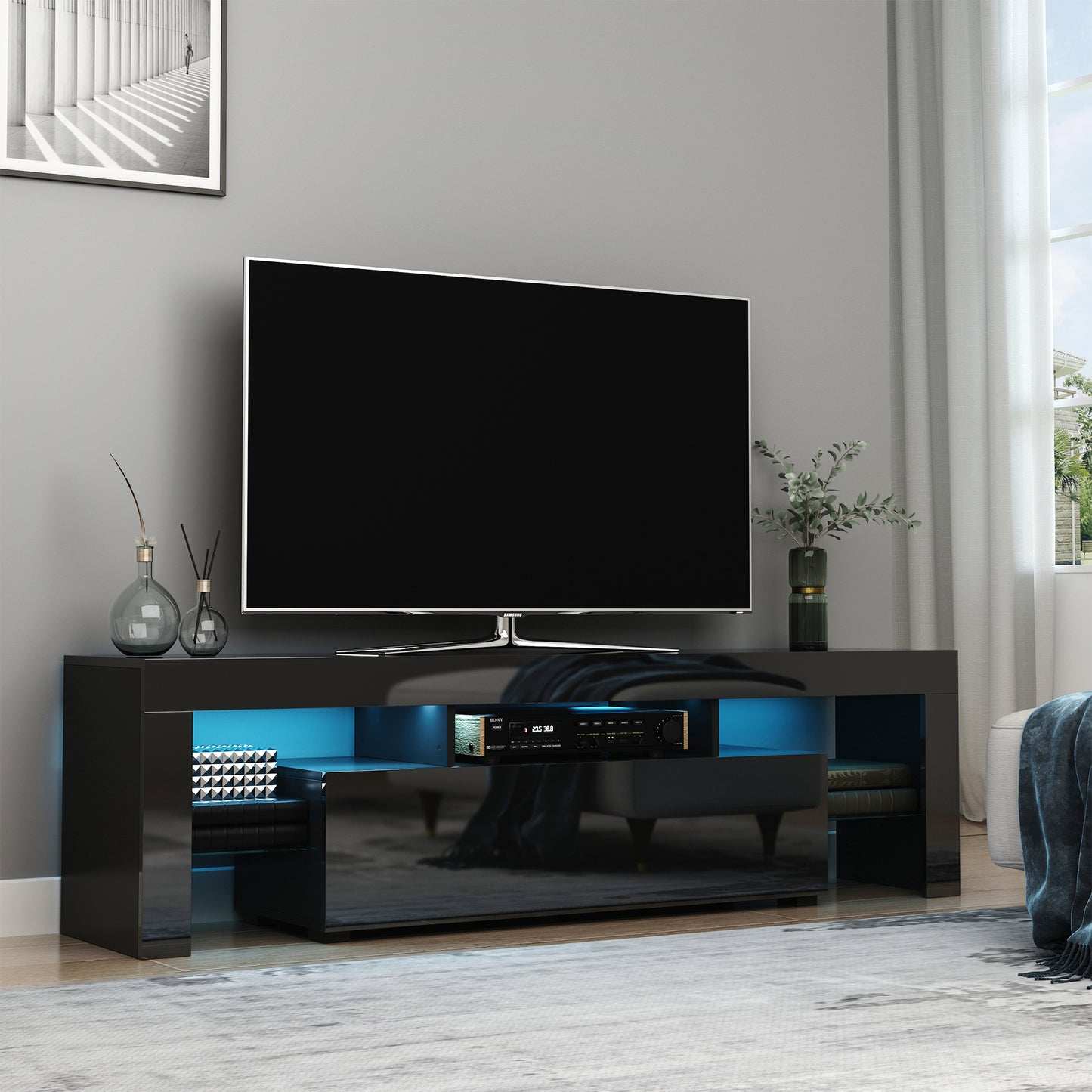 HOMCOM High Gloss TV Stand Cabinet with LED RGB Lights and Remote Control for TVs up to 65", Media TV Console Table with Storage Compartment, Black