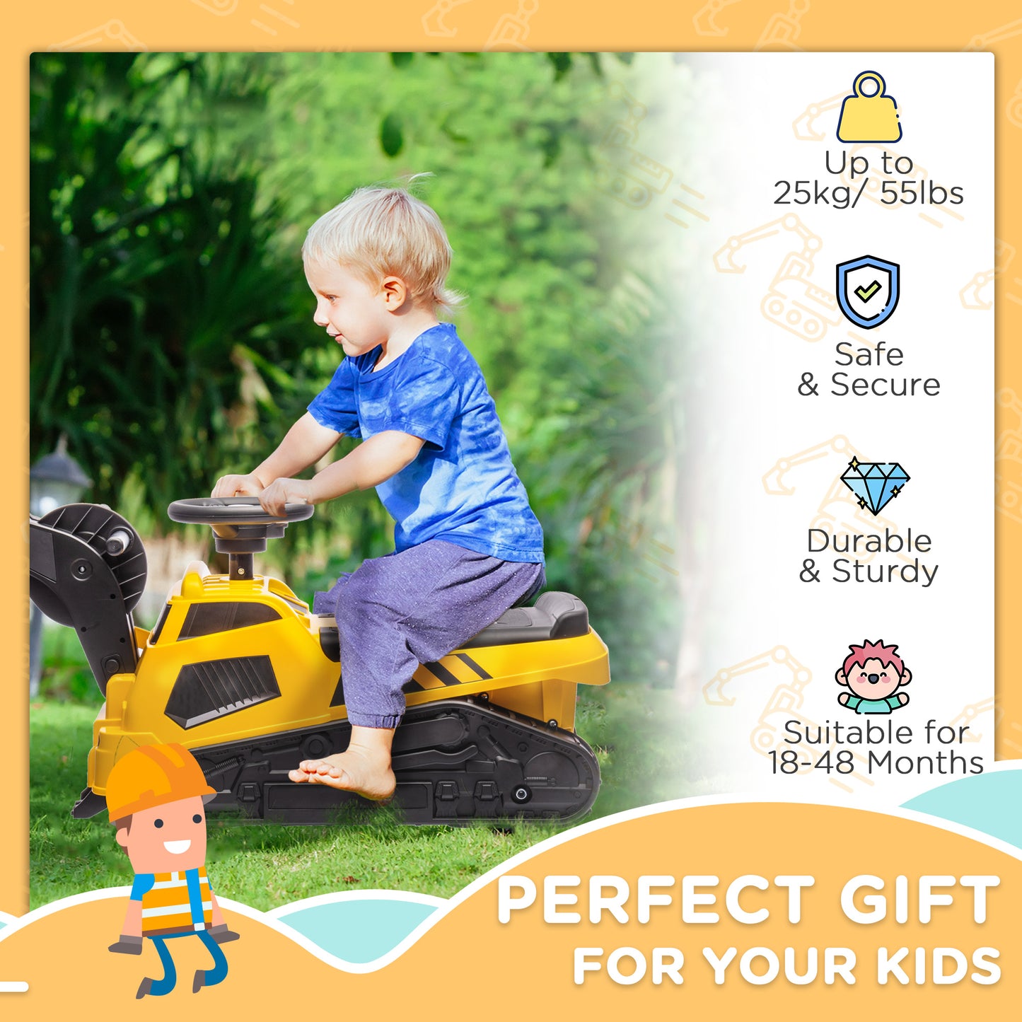 HOMCOM Ride on Tractor, 3 in 1 Ride on Excavator, Bulldozer, Road Roller, Pretend Play Construction No Power Truck w/ Music, for 18-48 Months, Yellow