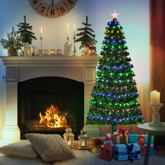 HOMCOM 6ft Pre-Lit Fiber Optic Christmas Tree W/ Star Tree Topper, Solid Metal Base, 220 Branch Tips, 6 Color LED Lights Decoration