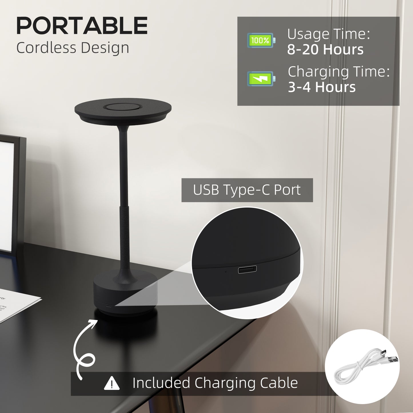 HOMCOM Cordless Table Lamp, Touch LED Desk Lamp with 4000mAh Rechargeable Battery, 3 Colour, for Bedroom Living Room, Black