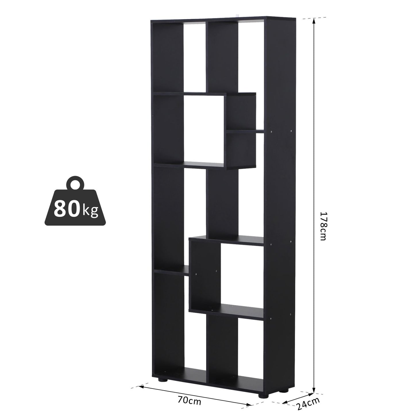 HOMCOM 8-Tier Freestanding Bookcase w/ Melamine Surface Anti-Tipping Foot Pads Home Display Storage Grid Stand Modern Style - Black