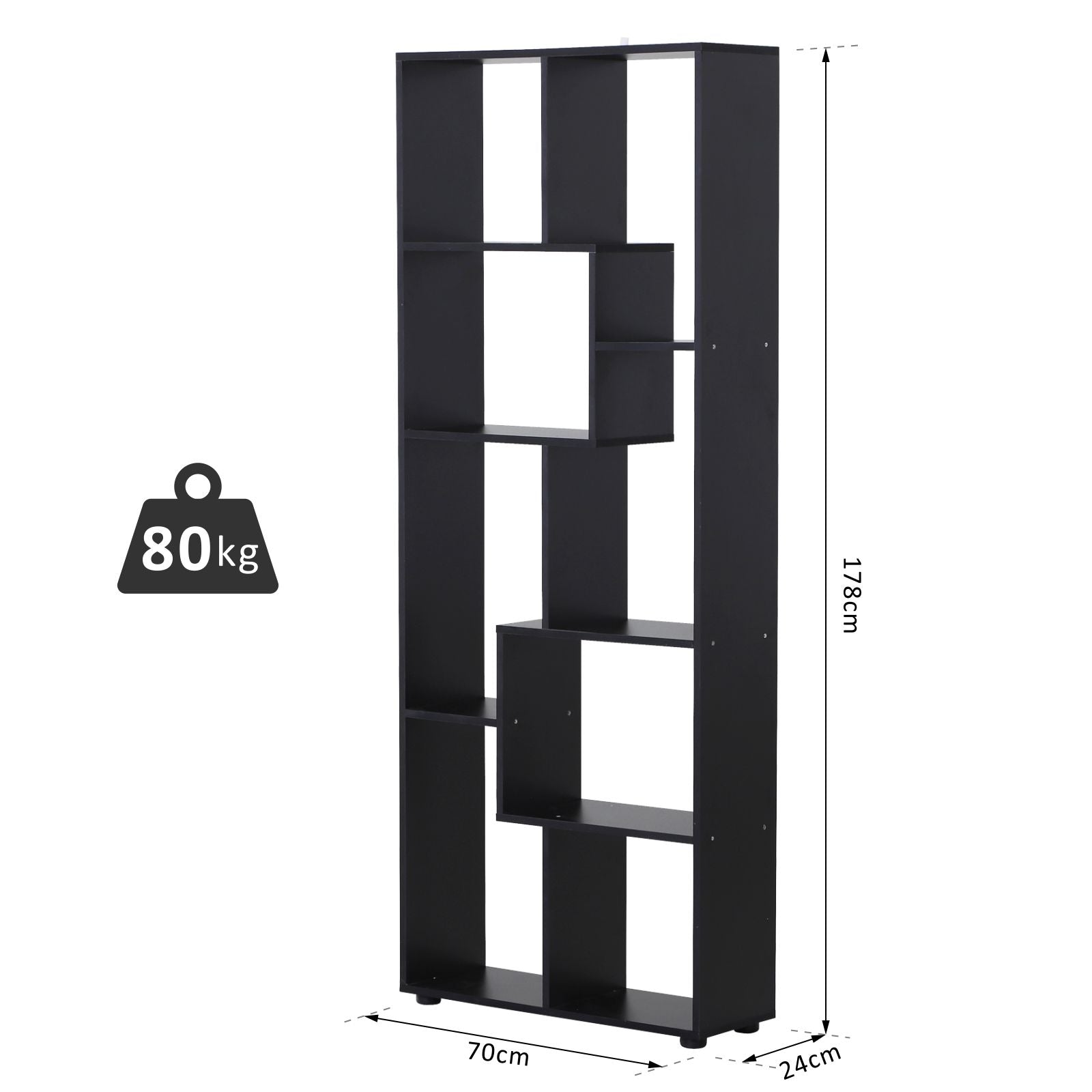 HOMCOM 8-Tier Freestanding Bookcase w/ Melamine Surface Anti-Tipping Foot Pads Home Display Storage Grid Stand Modern Style - Black