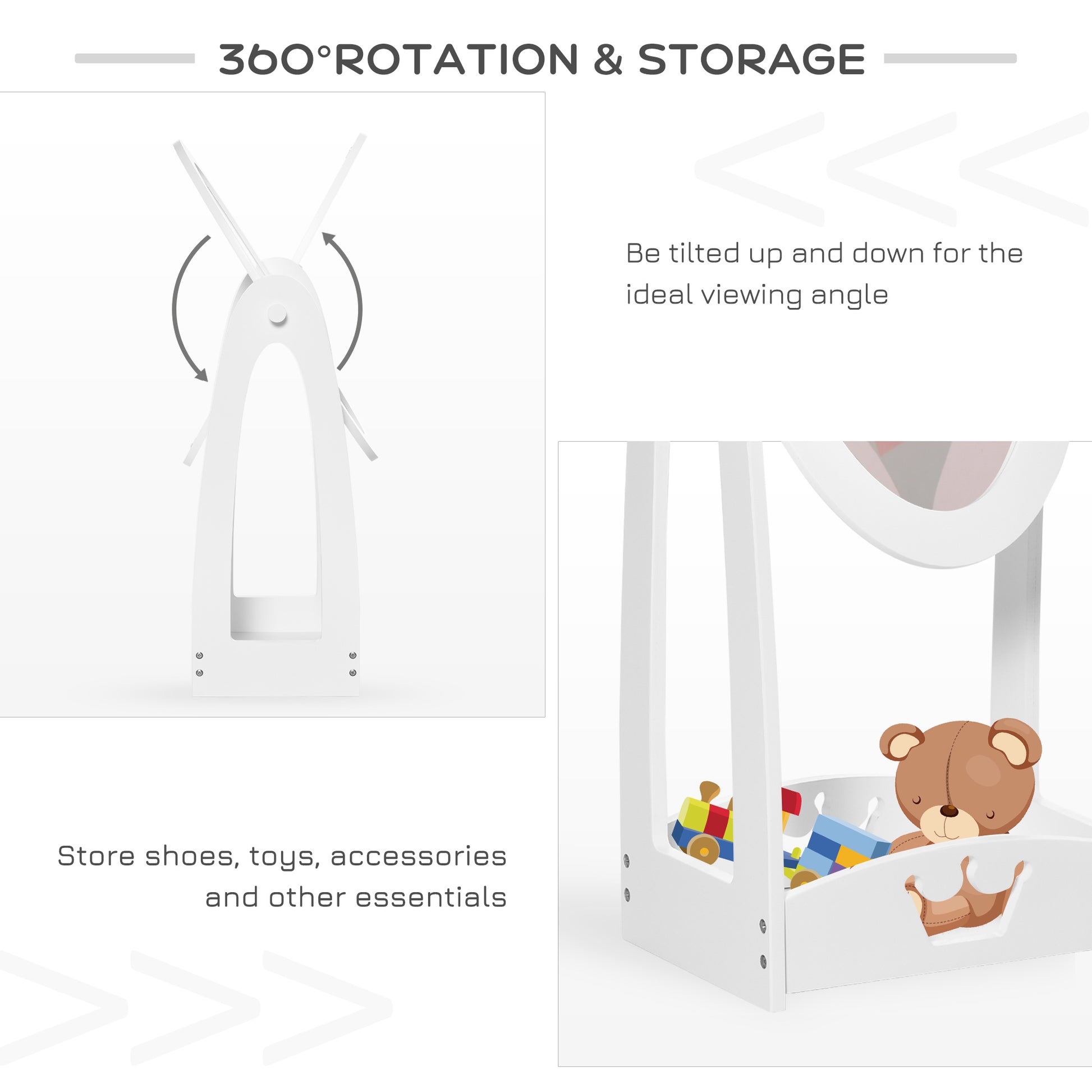 HOMCOM Kids Clothes Rail and Mirror Set 360° Rotation Free Standing Full Length Mirror and Hanging Rack with Storage Shelves Dressing Mirror White