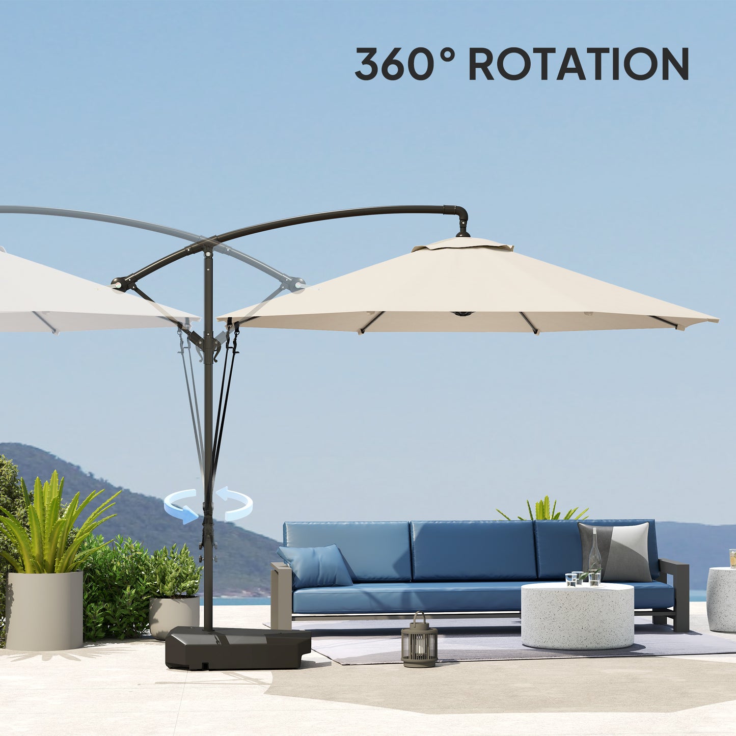 Outsunny 3(m) Garden Cantilever Parasol with Fillable Base up to 90kg, Wind Protection Strap, Cover, Round Banana Hanging Umbrella with Crank Handle and Tilt, UPF50+ Patio Umbrella, Cream