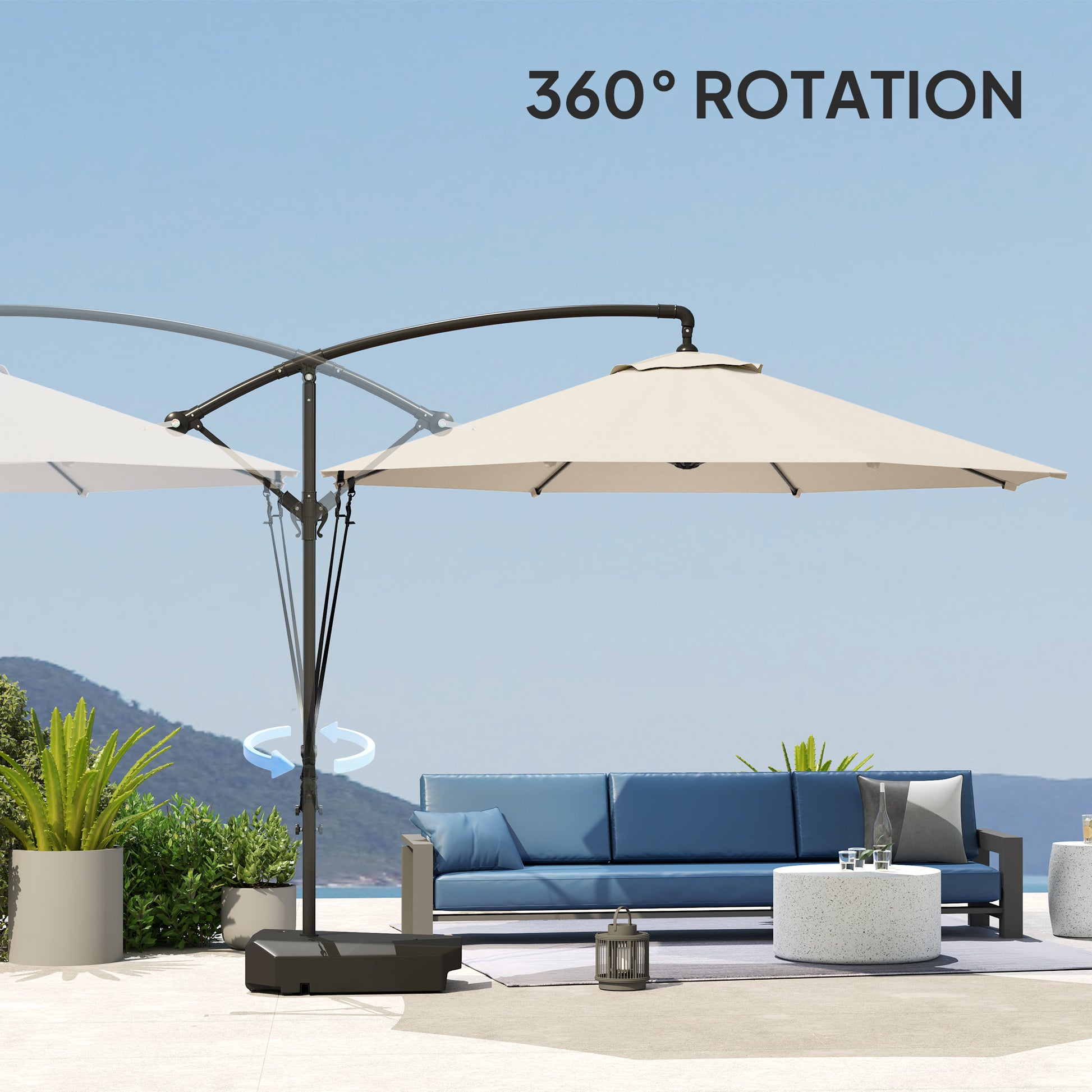 Outsunny 3(m) Garden Cantilever Parasol with Fillable Base up to 90kg, Wind Protection Strap, Cover, Round Banana Hanging Umbrella with Crank Handle and Tilt, UPF50+ Patio Umbrella, Cream