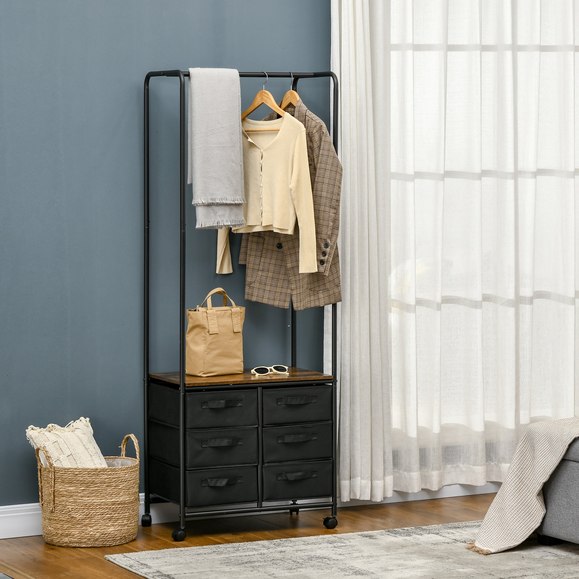HOMCOM Industrial Hanging Clothes Rail, Clothes Rack with 6 Fabric Dra ...