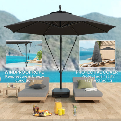 Outsunny 3(m) Garden Cantilever Parasol with Fillable Base up to 90kg, Wind Protection Strap, Cover, Round Banana Hanging Umbrella with Crank Handle and Tilt, UPF50+ Patio Umbrella, Grey