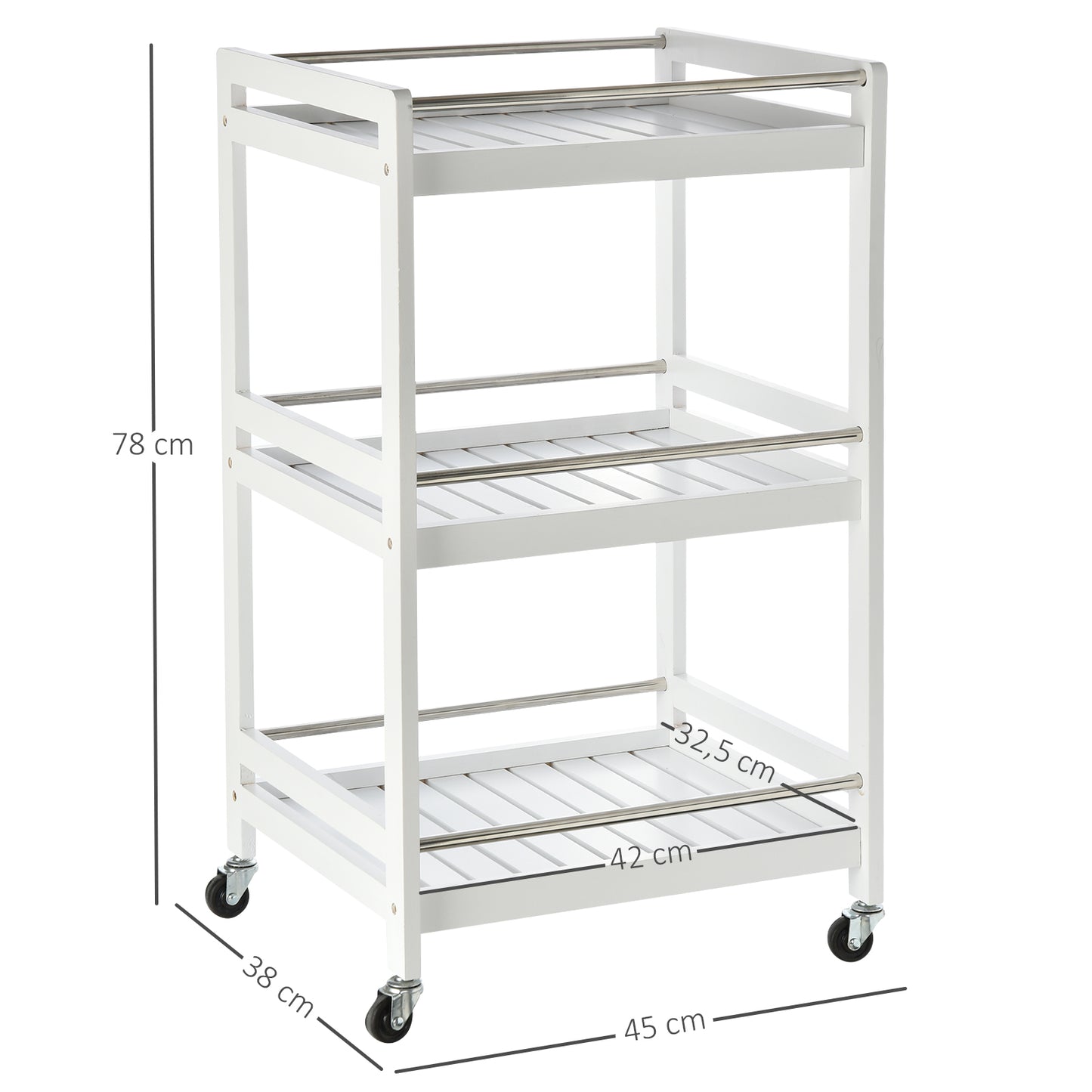 HOMCOM 3-Tier Home Trolley Kitchen Storage w/ Steel Bars 4 Wheels Rolling Unit Organiser Living Room White