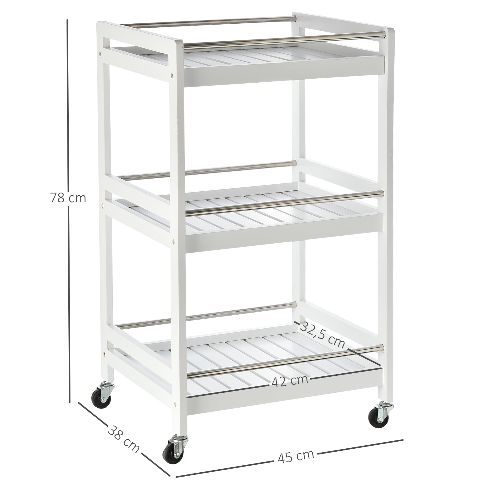 HOMCOM 3-Tier Home Trolley Kitchen Storage w/ Steel Bars 4 Wheels Rolling Unit Organiser Living Room White