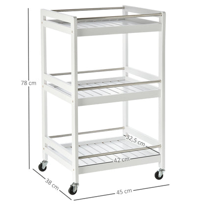 HOMCOM 3-Tier Home Trolley Kitchen Storage w/ Steel Bars 4 Wheels Rolling Unit Organiser Living Room White