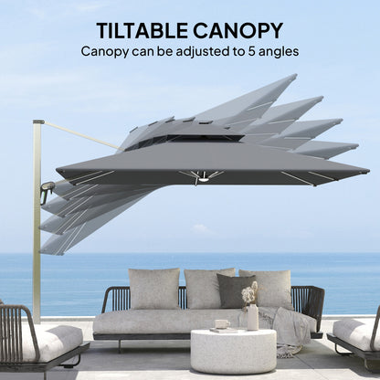 Outsunny 3(m) Garden Cantilever Parasol with Solar LED Lights, Cross Base, 360° Rotation, Crank Handle and Tilt, Grey