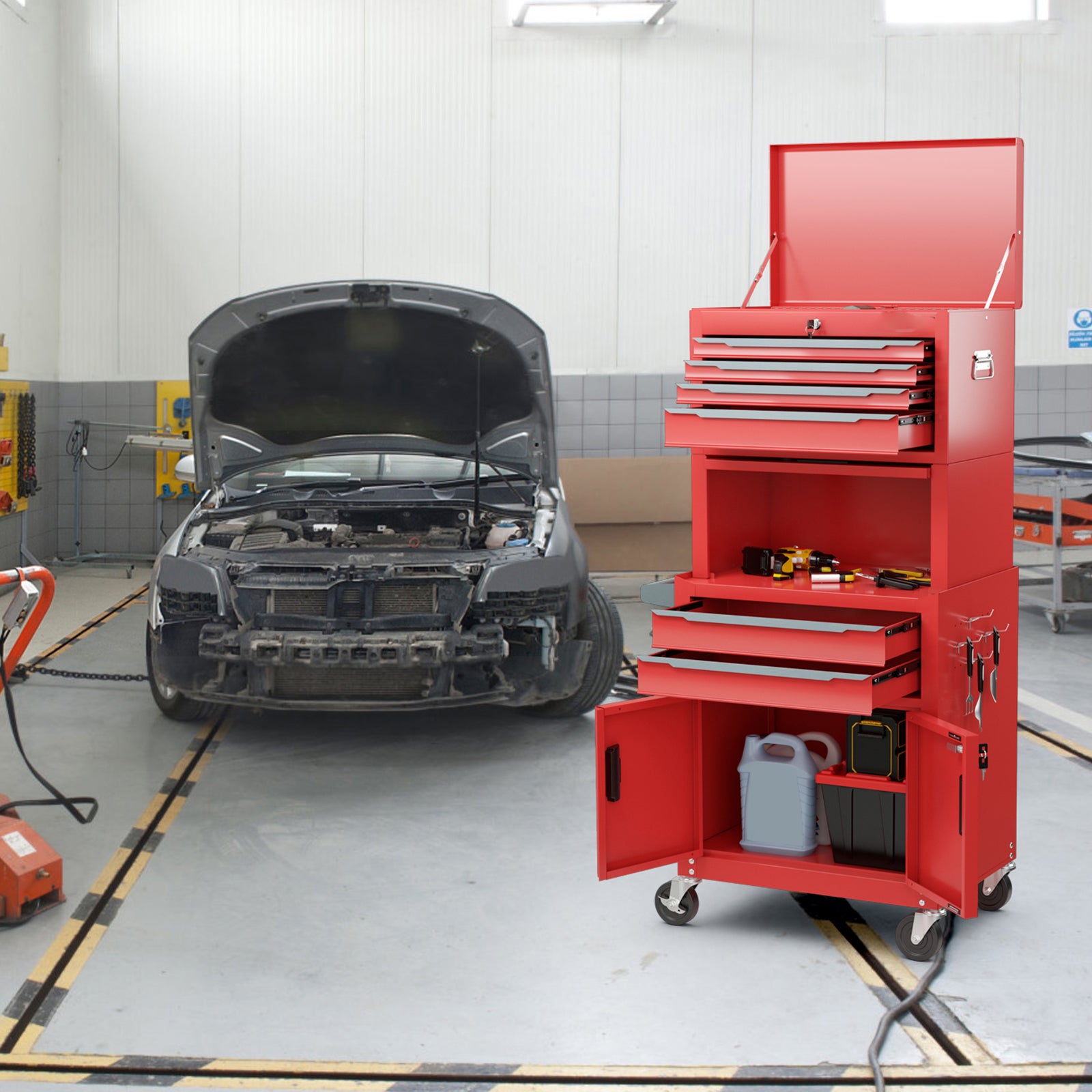6-Drawer Rolling Tool Chest with Universal Wheels and Hooks-Red-M