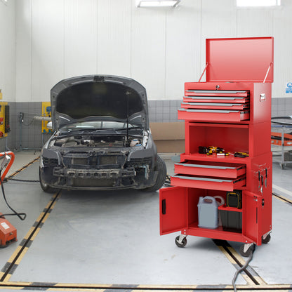 6-Drawer Rolling Tool Chest with Universal Wheels and Hooks-Red-M