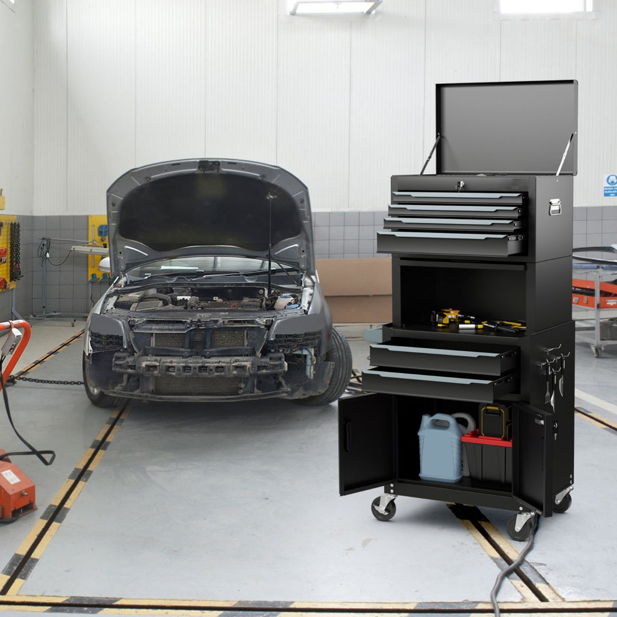 6-Drawer Rolling Tool Chest with Universal Wheels and Hooks-Black-M