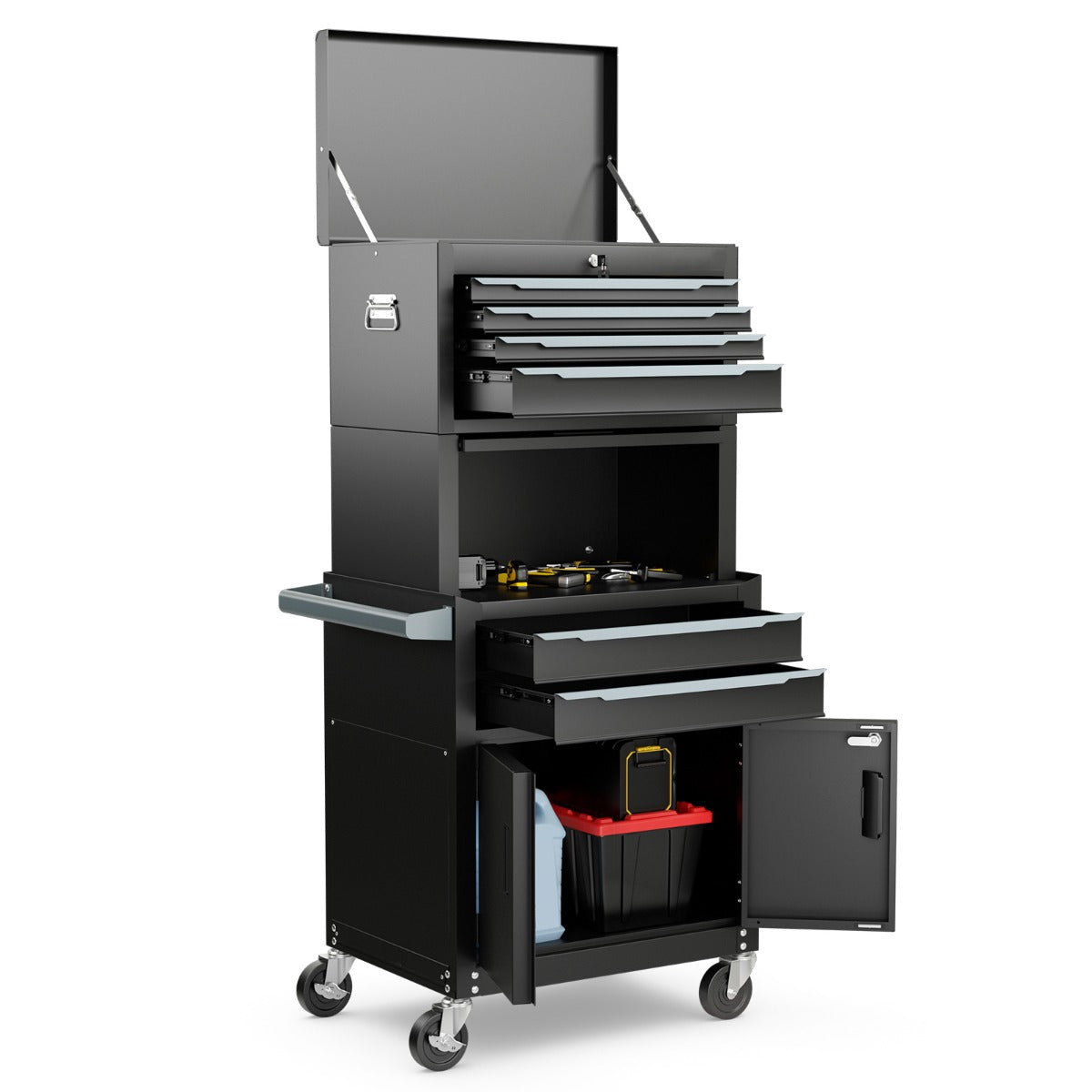 6-Drawer Rolling Tool Chest with Universal Wheels and Hooks-Black-M