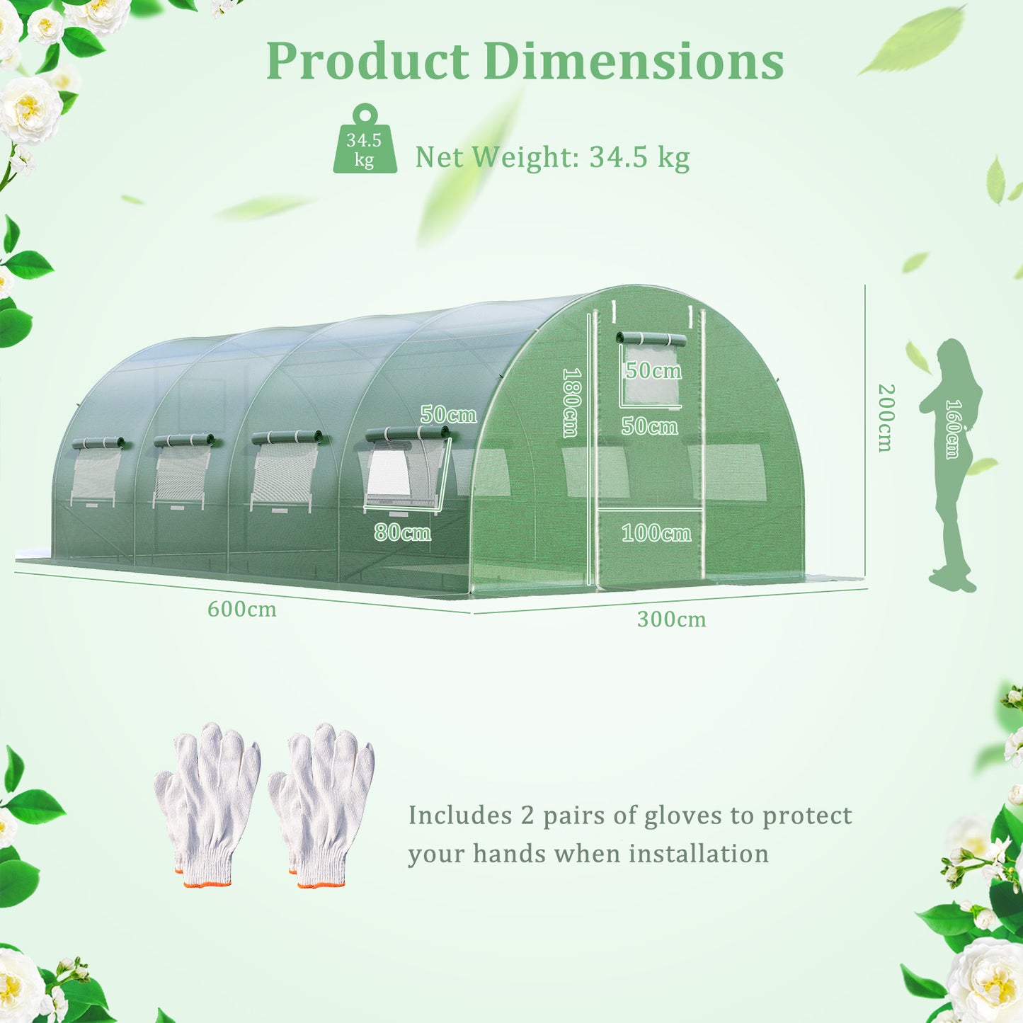 600 x 300 x 200 cm Walk-in Greenhouse with 2 Zippered Doors-Green