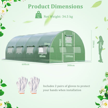 600 x 300 x 200 cm Walk-in Greenhouse with 2 Zippered Doors-Green