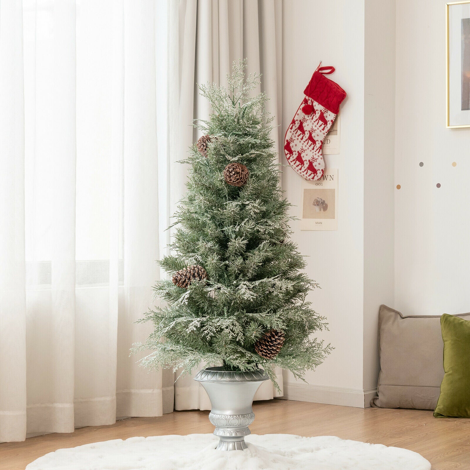 4ft Snowy Realistic Entrance Tree with Pinecones and LED Lights ...