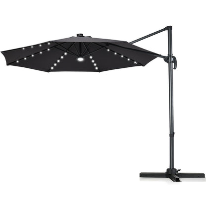 3M Outdoor Parasol Patio Cantilever Umbrella with Solar Lights-Grey