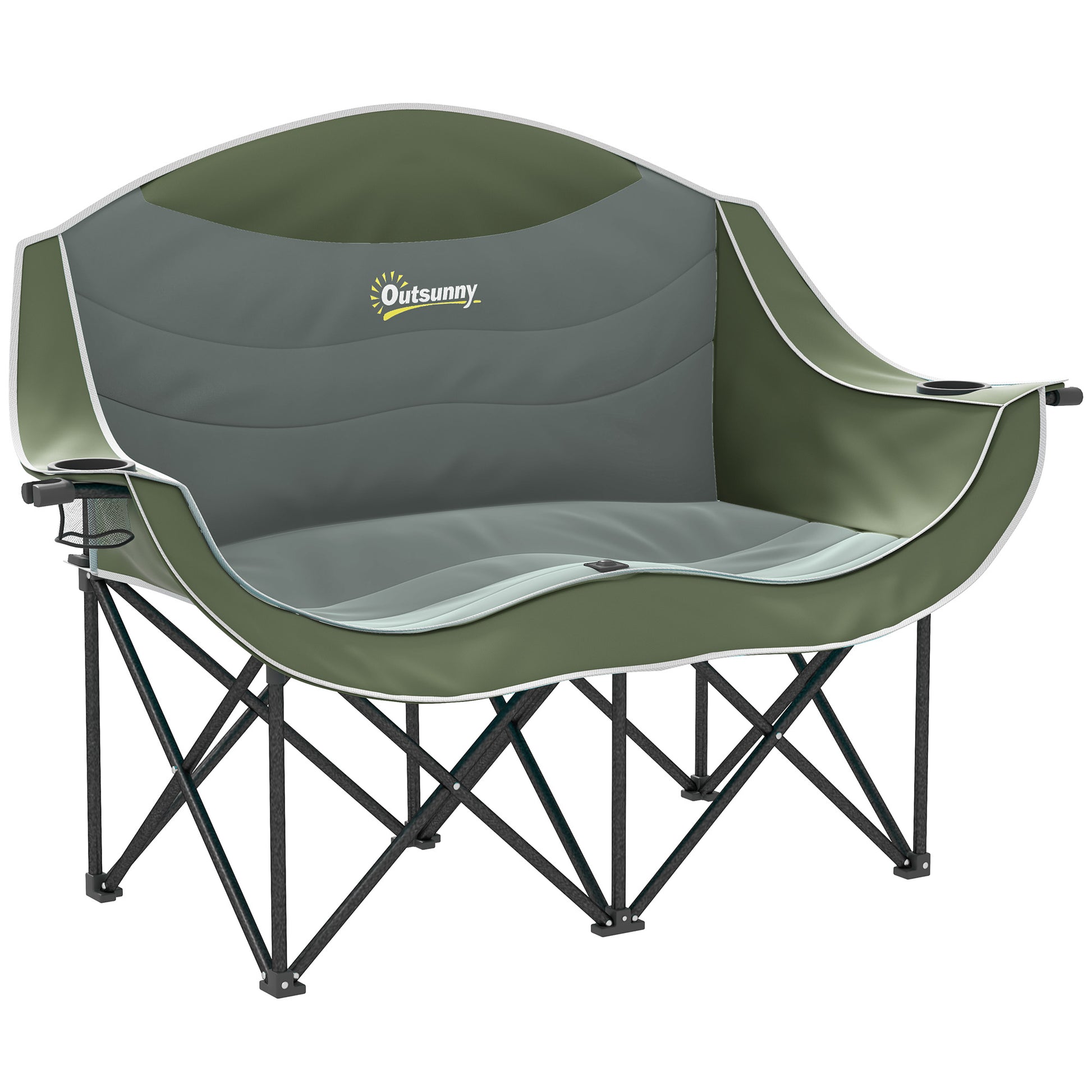 Outsunny Double Camping Chair for Adults, Oversized Heavy Duty Padded Folding Chair with Armrests, Cup Holders and Carry Bag for Outdoor Camping Hiking Picnic Fishing, 250kg Capacity, Green