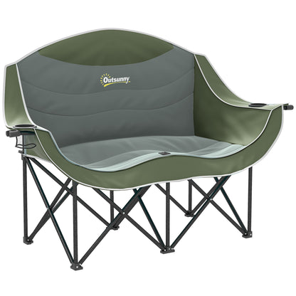 Outsunny Double Camping Chair for Adults, Oversized Heavy Duty Padded Folding Chair with Armrests, Cup Holders and Carry Bag for Outdoor Camping Hiking Picnic Fishing, 250kg Capacity, Green