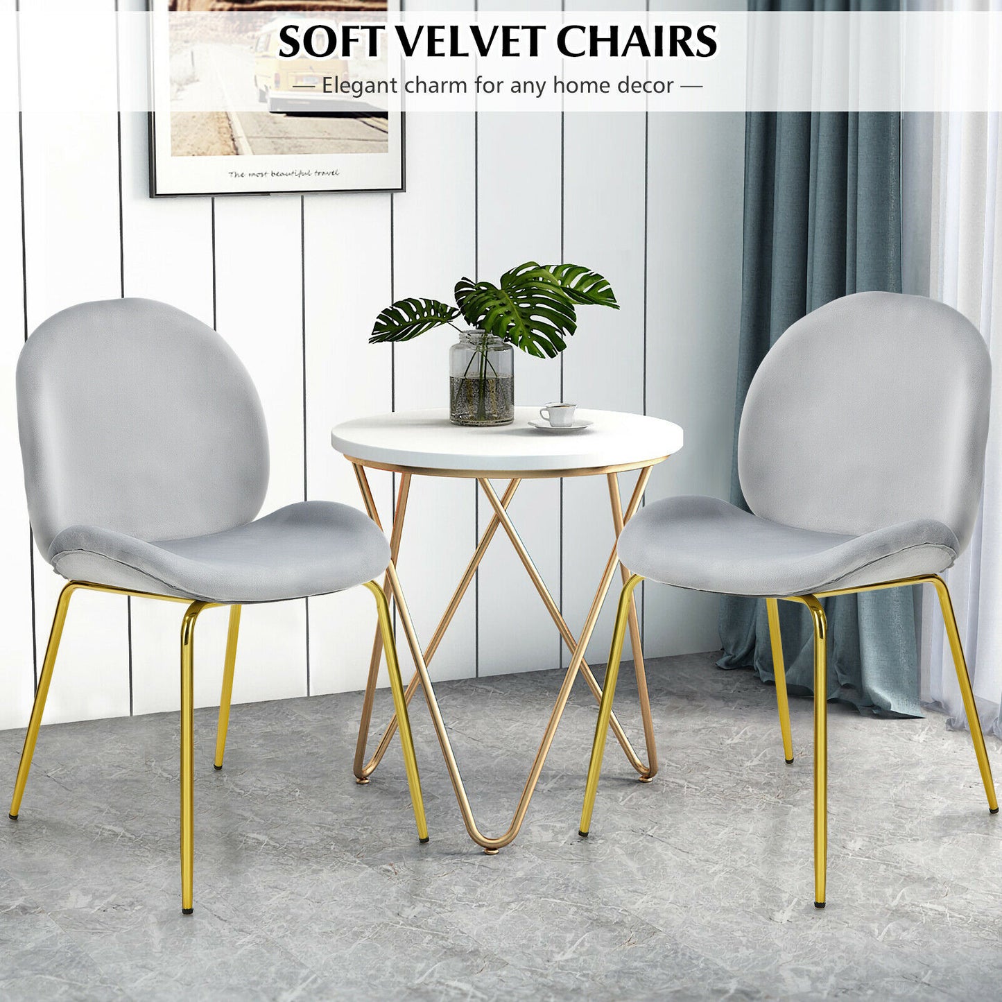Set of 2 Velvet Dining Chair with Golden Finished Steel Legs-Grey