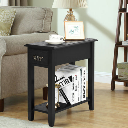 2-Tier Bedside Table with Drawer and Storage Shelf-Black