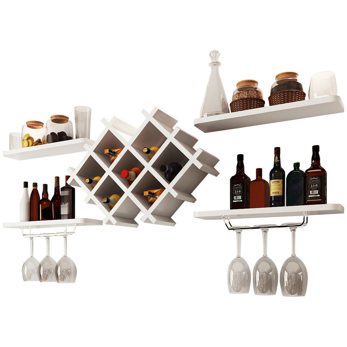 Floating Wall Mounted Wine Rack with Four Separate Shelves, 2 with Glass Storage-White