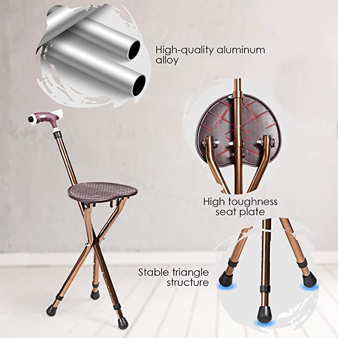 Height Adjustable Folding Massage Cane Seat Walking Stick with LED Light-Red