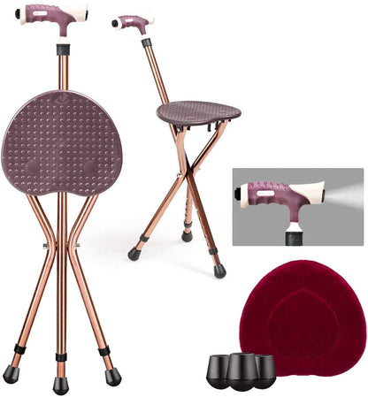 Height Adjustable Folding Massage Cane Seat Walking Stick with LED Light-Red