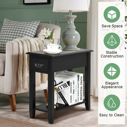 2-Tier Bedside Table with Drawer and Storage Shelf-Black