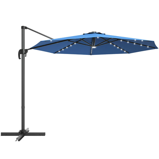 3M Outdoor Parasol Patio Cantilever Umbrella with Solar Lights-Blue