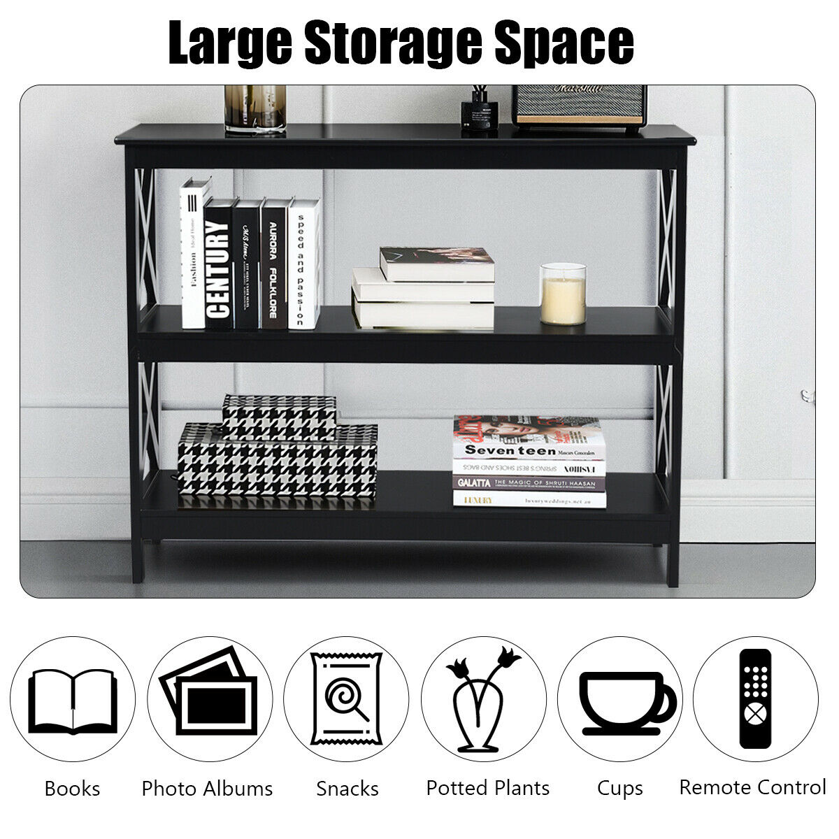 Industrial 3-Tier Console Table with Storage Shelf-Black