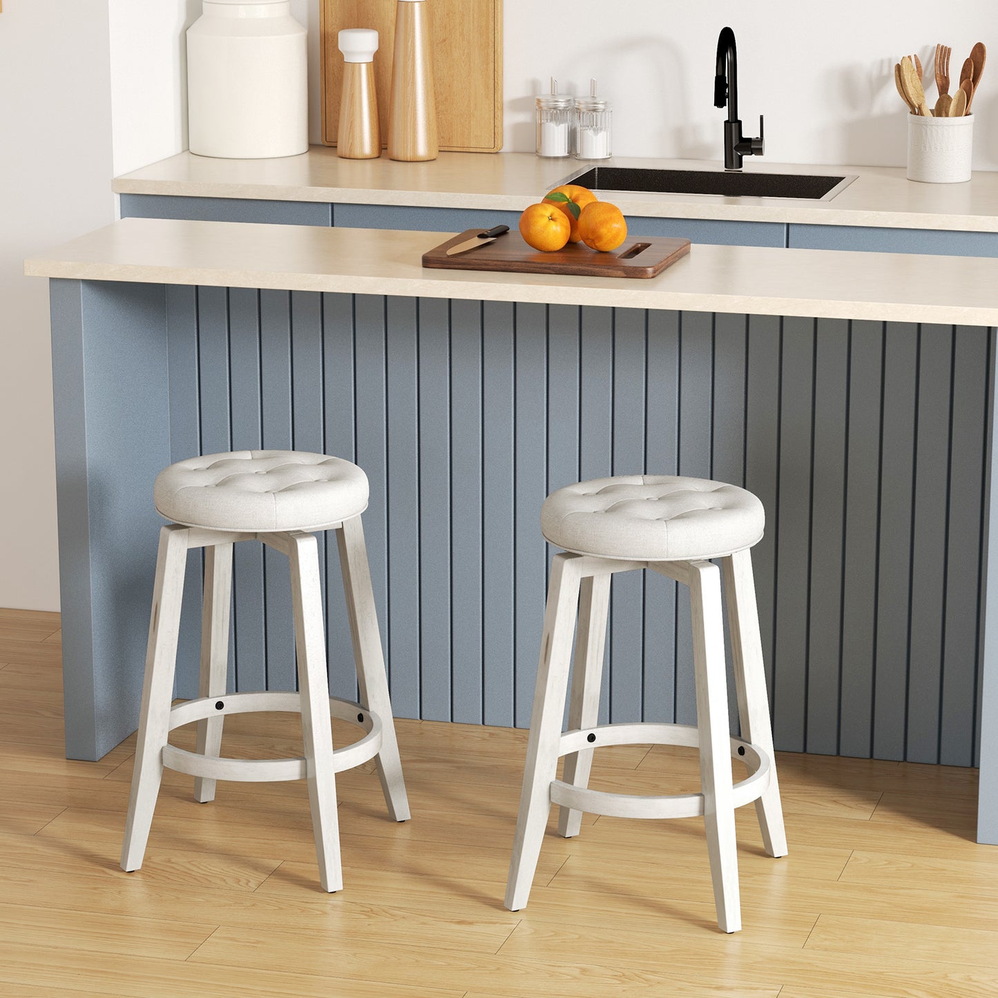 360° Swivel Upholstered Bar Stool Set of 2 with Footrest-White