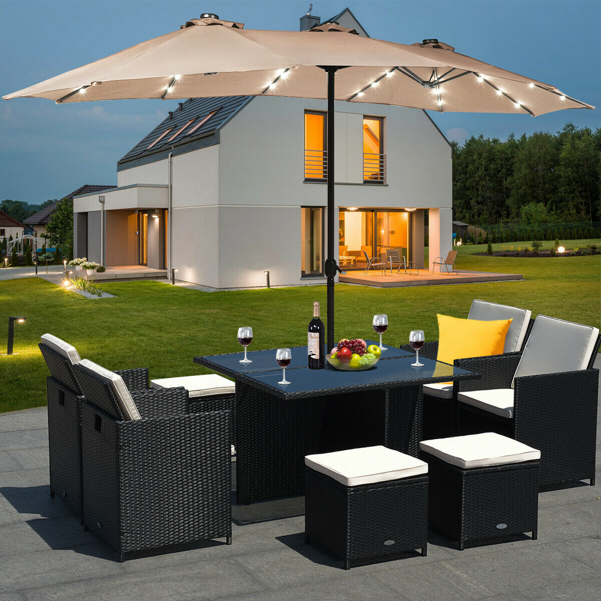 Extra Large LED Patio Double-Sided Umbrella Crank Parasol-Beige