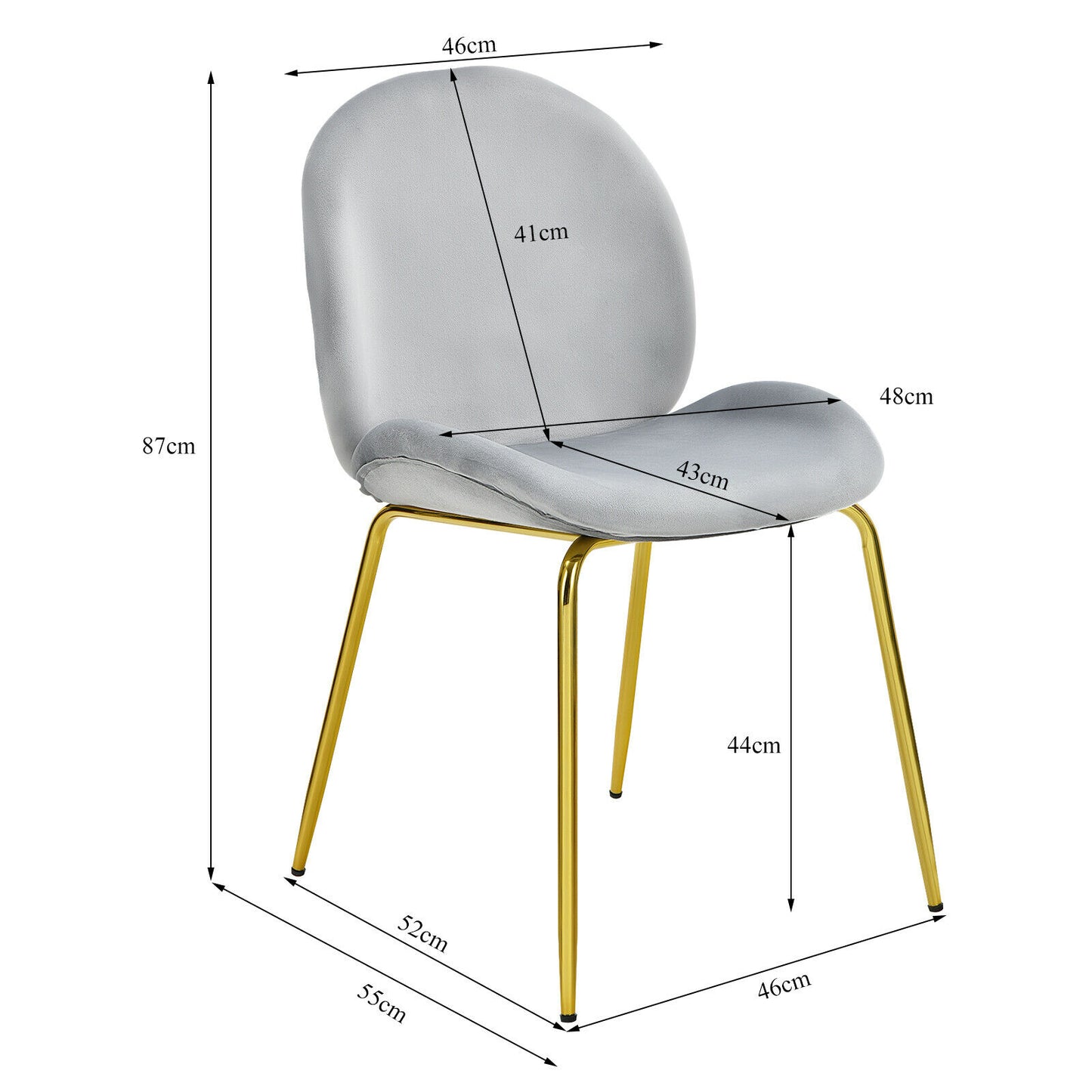 Set of 2 Velvet Dining Chair with Golden Finished Steel Legs-Grey