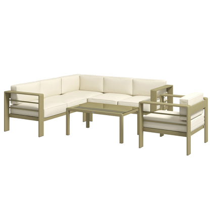 Outsunny 5-Piece Garden Corner Sofa Set with Cushions, 6 Seater Aluminium Garden Furniture Set with Glass Top Coffee Table, Patio Sectional Conservatory Furniture for Patio & Terrace, Gold Tone