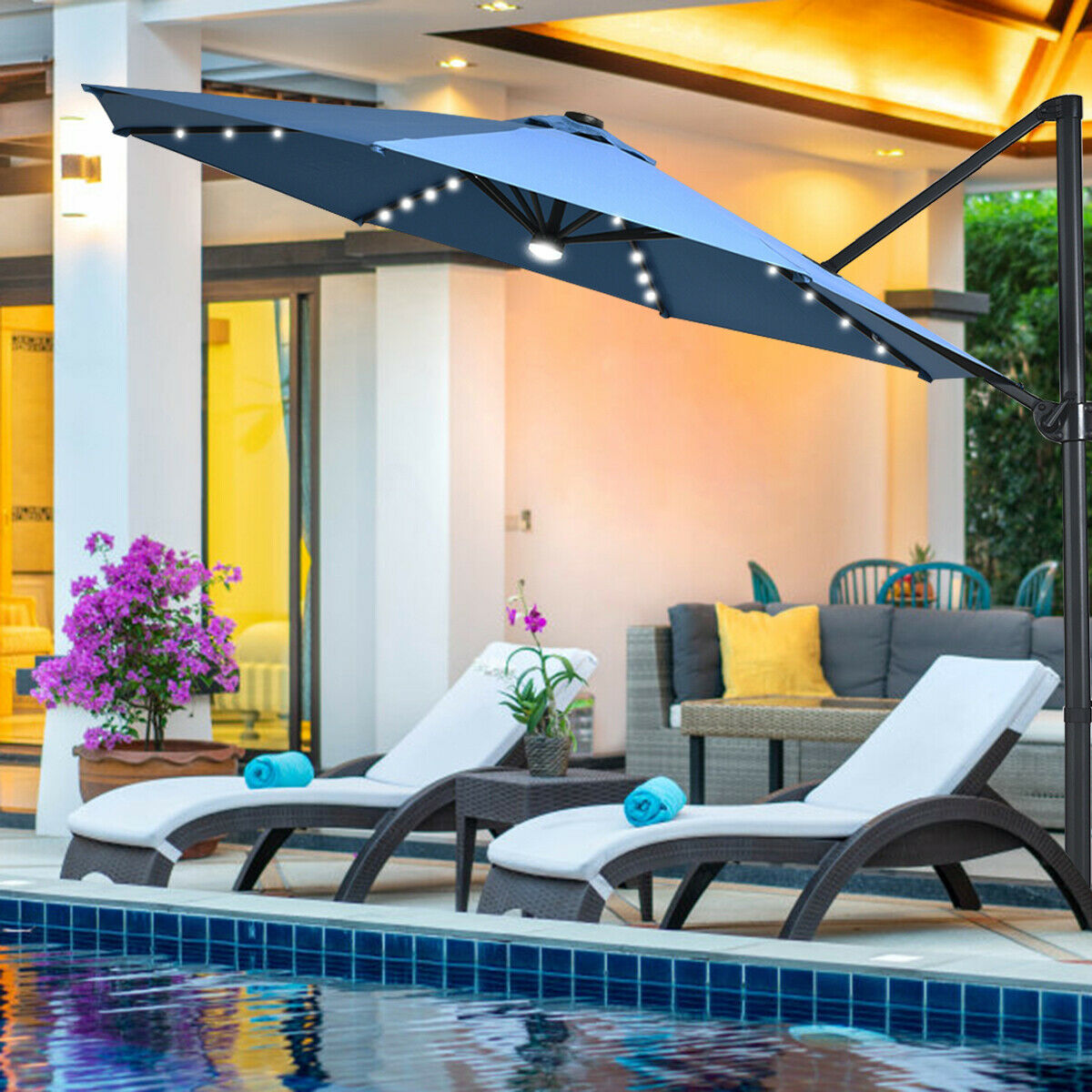 3M Outdoor Parasol Patio Cantilever Umbrella with Solar Lights-Blue