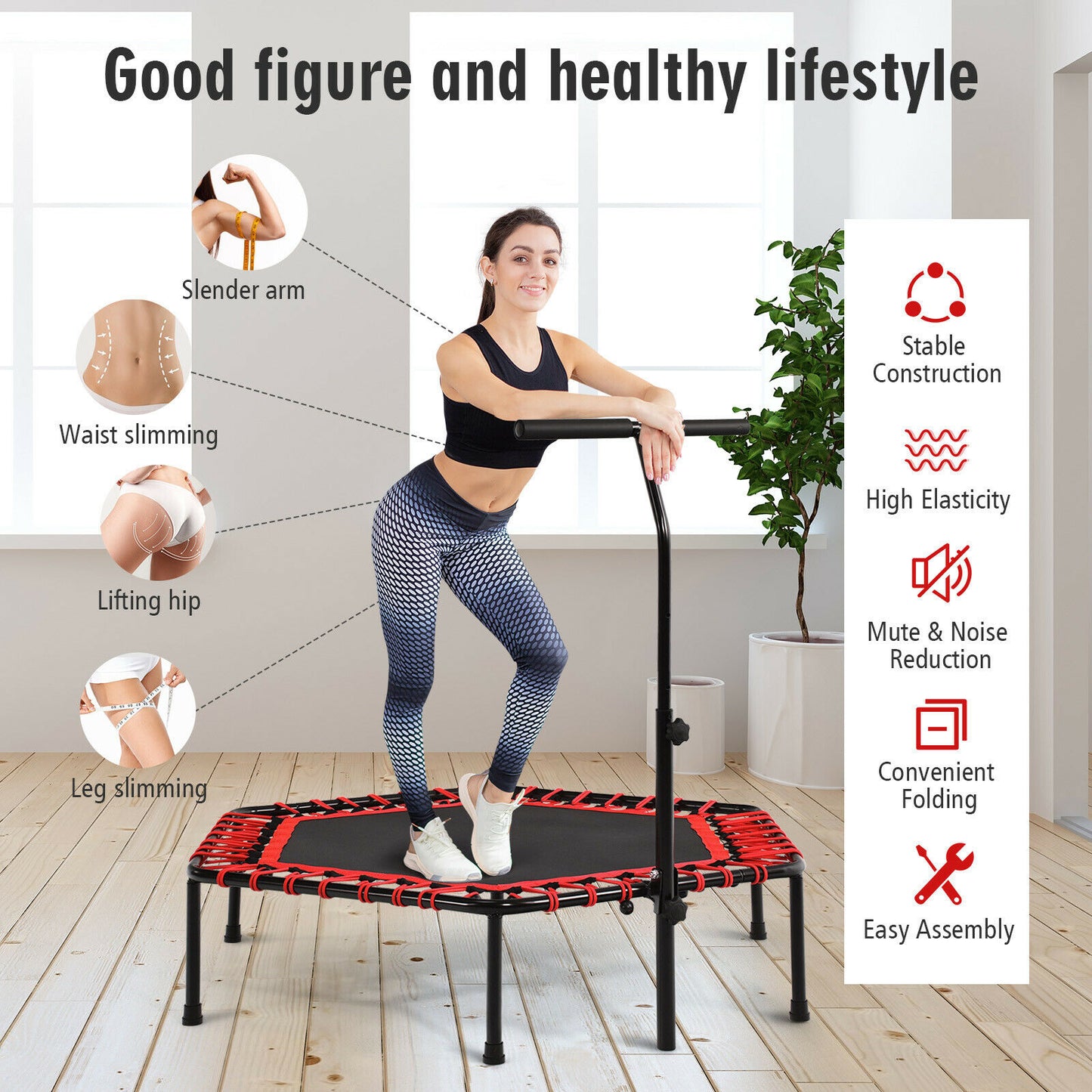 Folding Fitness Trampoline Adults/ Kids with Adjustable Handrail-Red