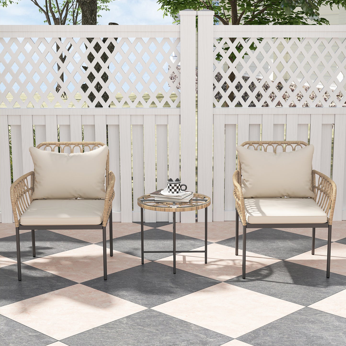 Outsunny 3 Piece Rattan Bistro Set, Wicker Garden Furniture Set with Cushions, Glass Top Coffee Table and Chairs for Outdoor, Patio, Balcony, Beige