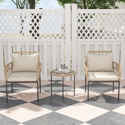Outsunny 3 Piece Rattan Bistro Set, Wicker Garden Furniture Set with Cushions, Glass Top Coffee Table and Chairs for Outdoor, Patio, Balcony, Beige