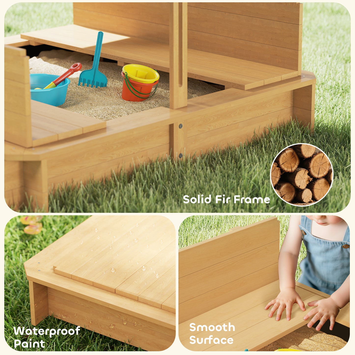 Outsunny Wooden Sandpit with Adjustable Canopy Light Brown