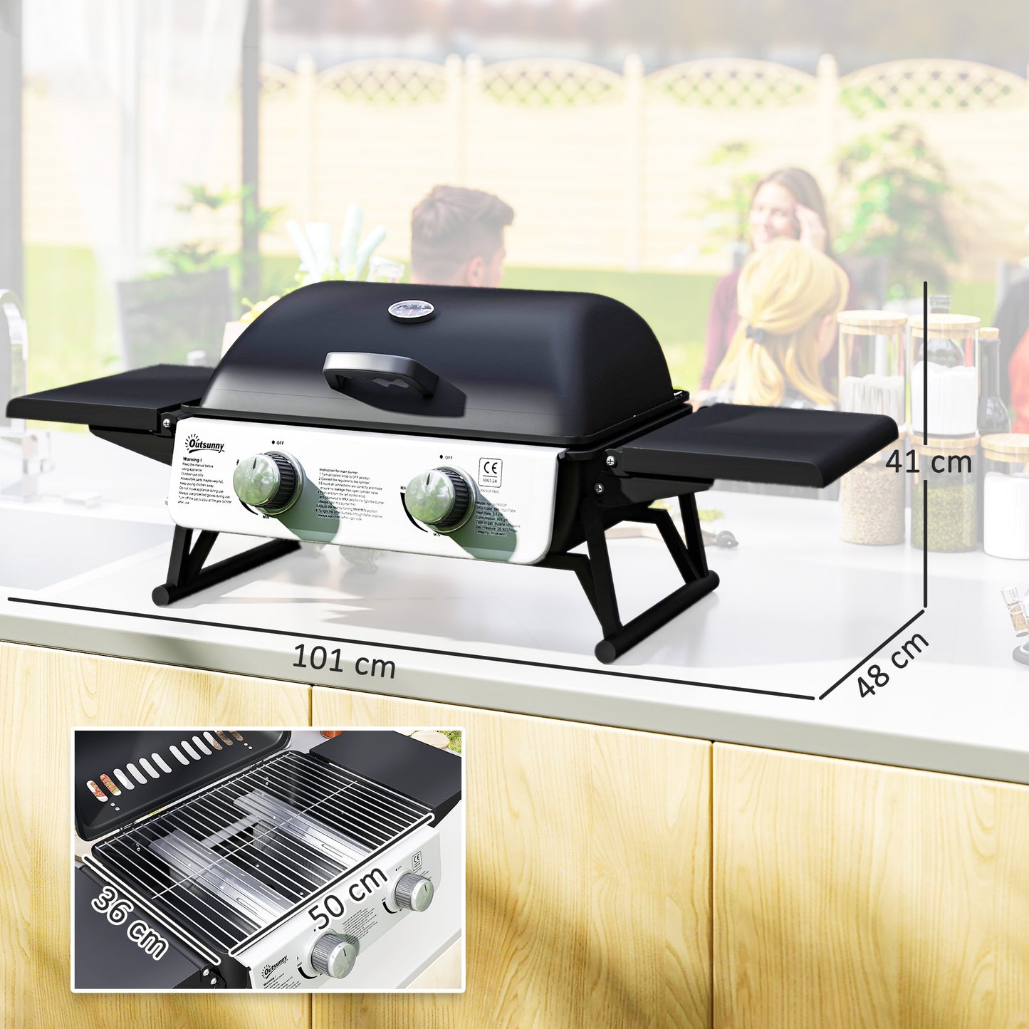 Outsunny 2 Burner Gas BBQ Grill with Foldable Side Tables, Portable Tabletop Gas Barbecue Grill with Built-in Thermometer, Lid, Grease Tray for Garden Party Camping Picnic Outdoor Cooking 5.6KW, Black
