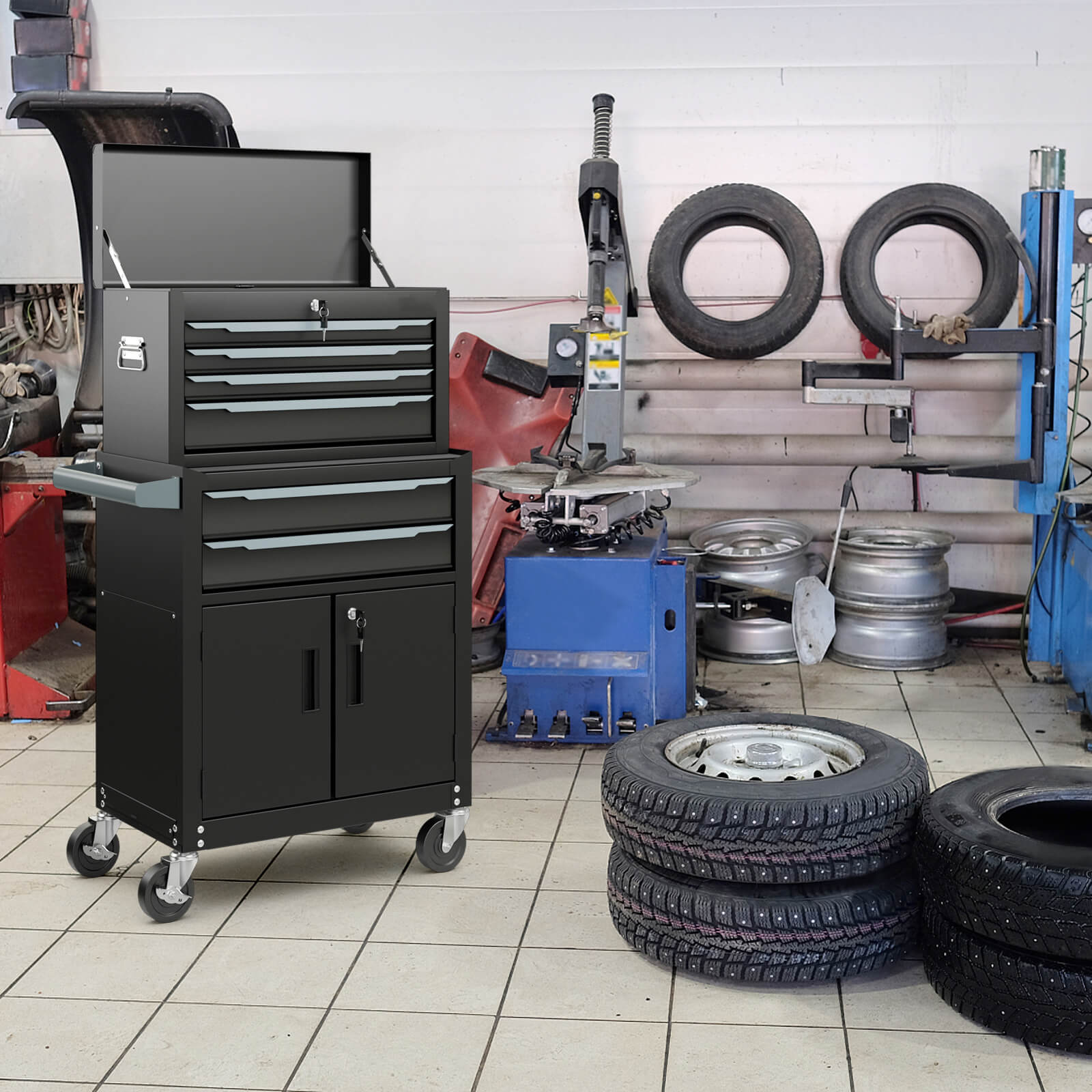 6-Drawer Rolling Tool Chest 2-in-1 with Universal Wheels and Hooks-Black-S