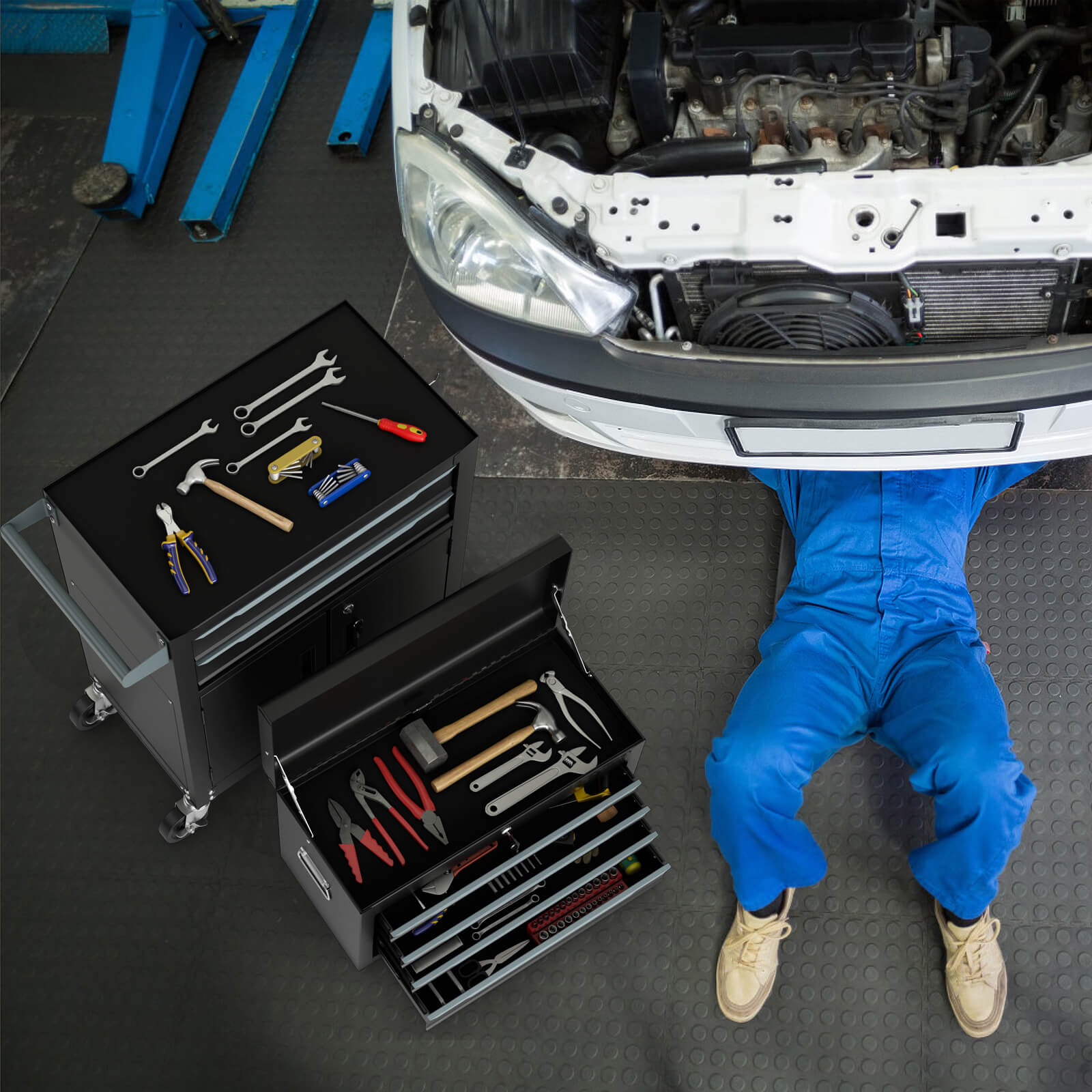 6-Drawer Rolling Tool Chest 2-in-1 with Universal Wheels and Hooks-Black-S