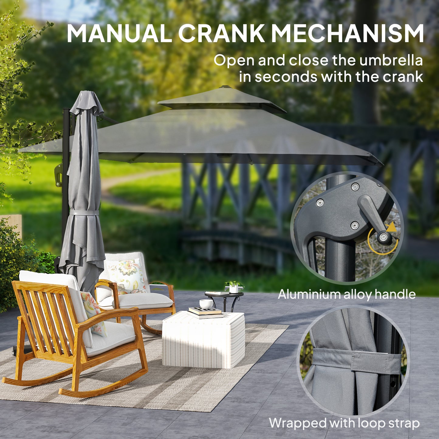 Outsunny 3 x 3(m) Cantilever Parasol with Aluminium Frame, Crank and Tilt, 360-Degree Rotation, Double Top Garden Umbrella with Base and Cover, Light Grey